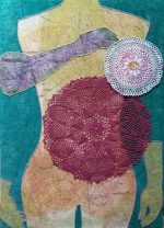It hasn't happened yet, collagraph, vintage doilies, and stitching on fabric, 2019.